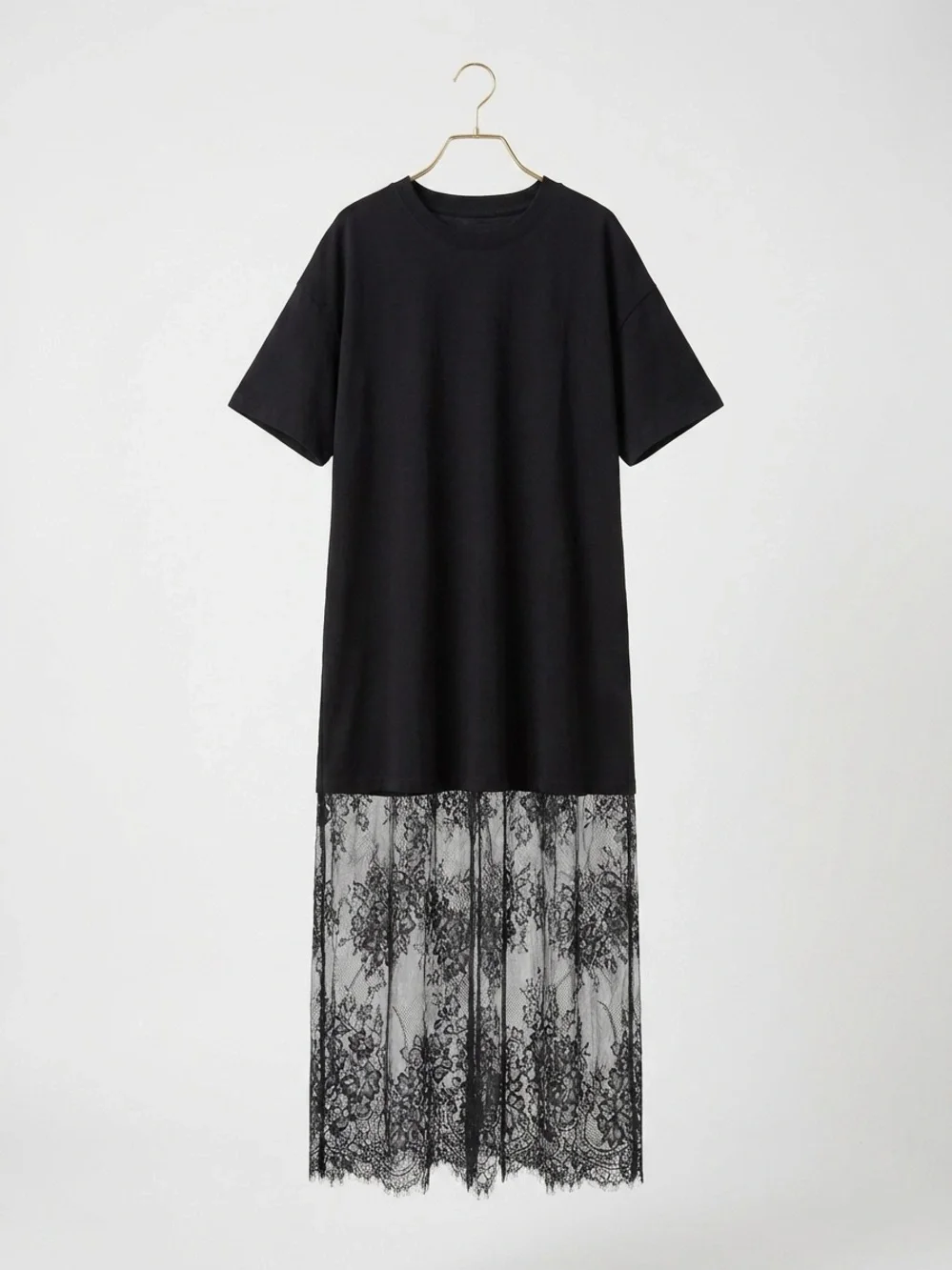 Black Short-Sleeve Dress with Sheer Lace Hem - Picture 1 of 8